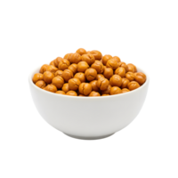 A white bowl overflowing with golden roasted chickpeas showcasing their textured surface and isolated on transparent background png