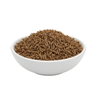 A white bowl filled with a generous portion of dried cumin seeds showcasing their distinctive elongated shape and brown color isolated on transparent background png