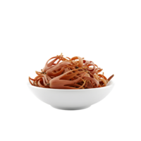 A white bowl filled with dried mace filaments showcasing their intricate curled orange strands isolated on transparent background png