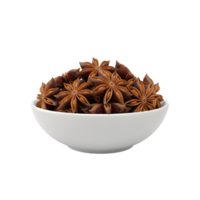 A white ceramic bowl filled with aromatic star anise spice isolated on a transparent background for culinary use isolated on transparent background png