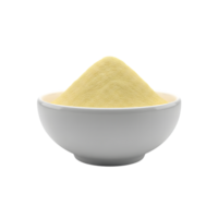 A pristine white bowl filled with a generous mound of fine yellow powder isolated on transparent background png
