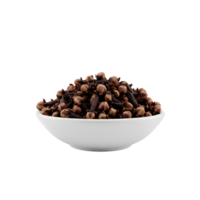 A white ceramic bowl filled with a generous pile of dried whole cloves a warm brown spice isolated on transparent background png