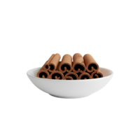 A white ceramic bowl filled with rolled cinnamon sticks showcasing their warm brown color and textured surface isolated on transparent background png