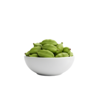 A white bowl filled with fresh green cardamom pods showcasing their ribbed texture and aromatic potential isolated on transparent background png