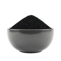 A white ceramic bowl filled with a generous mound of black sesame seeds isolated on transparent background png