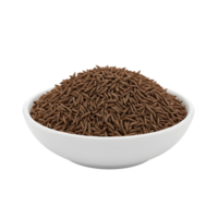 A white ceramic bowl filled with a generous mound of caraway seeds showcasing their distinct elongated shape and brown color isolated on transparent background png