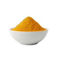A white bowl filled with vibrant yellow turmeric powder showcasing its fine texture and rich color isolated on transparent background png