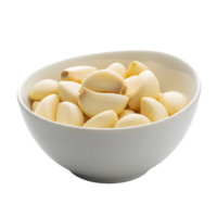 A white bowl filled with peeled garlic cloves showcasing their pale yellow and creamy white texture isolated on transparent background png