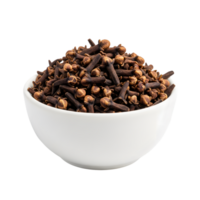 A white ceramic bowl filled with dried whole cloves a fragrant spice used in cooking and baking isolated on transparent background png