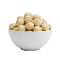 A white bowl filled with creamy white macadamia nuts presented on a transparent background showcasing their smooth texture and natural shape isolated on transparent background png
