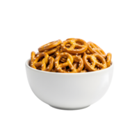 A white bowl filled with golden brown mini pretzels sprinkled with coarse salt isolated on transparent background png