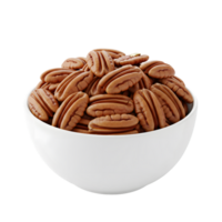 A generous serving of delicious whole pecan nuts piled high in a clean white bowl isolated on transparent background png