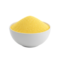 A white ceramic bowl overflowing with golden yellow couscous grains presented isolated on transparent background for culinary use png