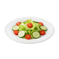 Fresh green lettuce salad with sliced cucumbers and cherry tomatoes on a white plate isolated on transparent background png
