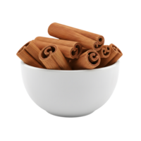 A white ceramic bowl overflowing with dried cinnamon sticks showcasing their warm brown color and rolled texture isolated on transparent background png