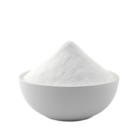 A white bowl filled with a generous mound of fine white powder creating a smooth peak isolated on transparent background png