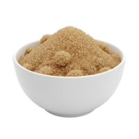 A white bowl filled with light brown sugar crystals showcasing its granular texture and warm color isolated on transparent background png