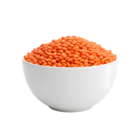 A white ceramic bowl overflowing with vibrant orange red lentils presented isolated on transparent background for versatile culinary design png