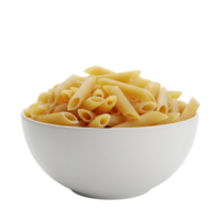 A white ceramic bowl filled with uncooked penne rigate pasta showcasing its textured surface and hollow tubes isolated on transparent background png