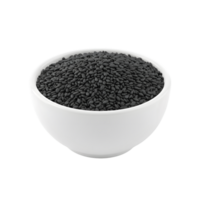 A white ceramic bowl filled with a generous portion of small dark black sesame seeds isolated on transparent background png