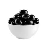 A white bowl filled with glossy black olives showcasing their smooth texture and deep color isolated on transparent background png