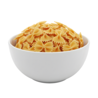 A white bowl filled with a generous portion of golden yellow farfalle pasta isolated on transparent background png
