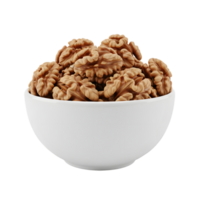 A white ceramic bowl overflowing with delicious and healthy shelled walnut halves isolated on transparent background png