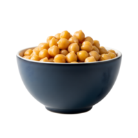 A full dark blue bowl overflowing with cooked yellow chickpeas presented isolated on a transparent background for easy use isolated on transparent background png