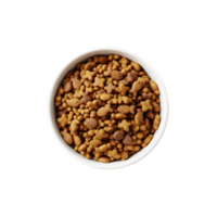 A white bowl filled with dry cat food kibble in various shapes including fish and stars isolated on transparent png