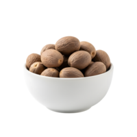 A white bowl filled with whole nutmeg seeds showcasing their textured brown shells and oval shape isolated on transparent background png