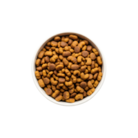 A white ceramic bowl filled with dry brown kibble dog food viewed from directly above isolated on transparent background png