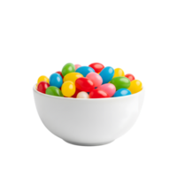A white bowl overflowing with a vibrant assortment of colorful jelly beans isolated on transparent background png