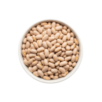 A white ceramic bowl filled with a generous portion of light brown dried beans presented isolated on transparent background png