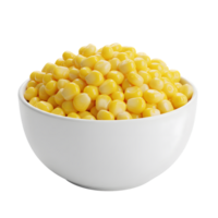 A white bowl overflowing with bright yellow sweet corn kernels showcasing their plump texture and vibrant color isolated on transparent background png