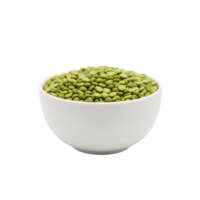 A white ceramic bowl filled with dried green split peas showcasing their vibrant color and texture isolated on transparent background png