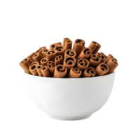 A full white ceramic bowl overflowing with tightly rolled cinnamon sticks showcasing their warm brown texture and natural spiral shapes isolated on transparent background png