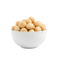 A white ceramic bowl filled with a generous serving of whole shelled macadamia nuts isolated on transparent background png