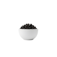 A white ceramic bowl filled with whole black peppercorns showcasing their textured surface and dark color isolated on transparent png