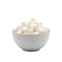 A white ceramic bowl overflowing with soft fluffy white marshmallows piled high isolated on transparent background png
