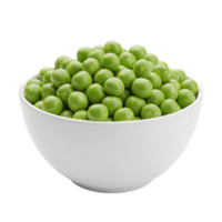 A white bowl filled with fresh green peas showcasing their vibrant color and smooth texture isolated on transparent background png