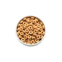 A white bowl filled with golden brown circular cereal loops isolated on a transparent background for easy design integration isolated on transparent background png
