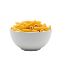 A white bowl filled with uncooked penne rigate pasta showcasing its tubular shape and ridges isolated on transparent background png