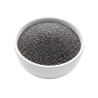 A white ceramic bowl filled with tiny dark blue poppy seeds presented isolated on a transparent background for culinary use isolated on transparent background png