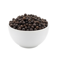 A white bowl filled with whole black peppercorns showcasing their textured surface and dark color isolated on transparent background png