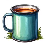 Teal Enamel Mug of Coffee or Tea on Grass png