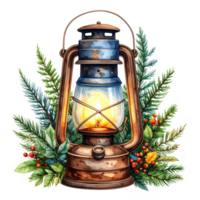 Rustic Watercolor Lantern with Evergreen Branches png