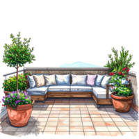 Rooftop Terrace with Sectional Sofa and Lush Greenery png