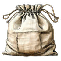 Beige Drawstring Burlap Bag with Pocket on Transparent Background png
