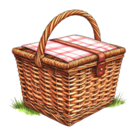 Brown Wicker Picnic Basket with Red and White Gingham Cloth png