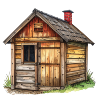 Rustic Wooden Cabin with Red Chimney on Grass png